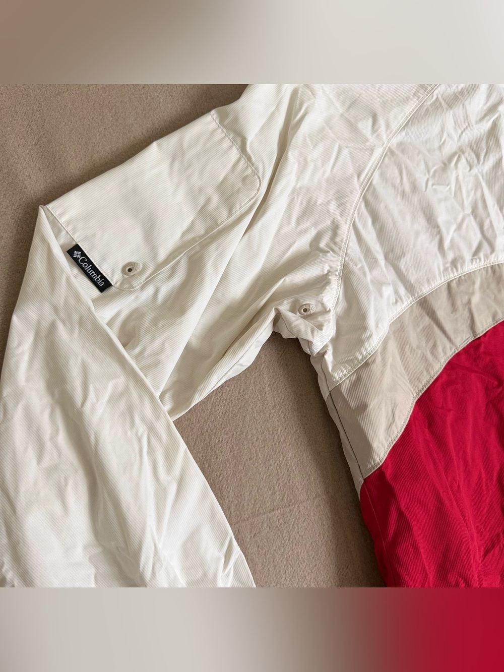 Columbia Vintage Packable Windbreaker Jacket Red White Cream Hooded Full Zip - Picture 8 of 13